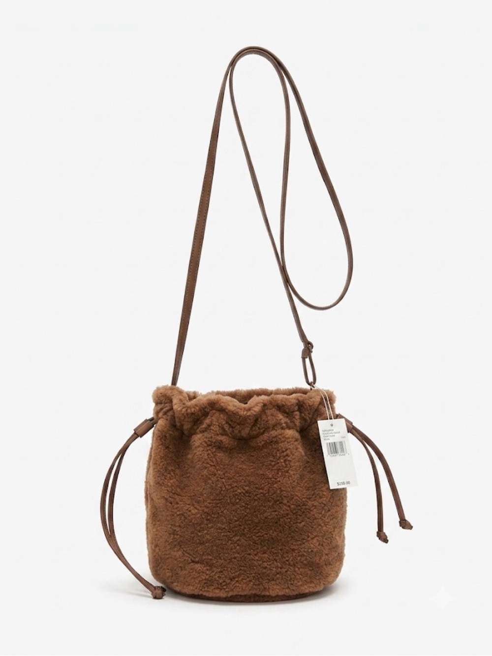 aerie Brown Faux Shearling Drawstring Bucket cross body or Shoulder Bag